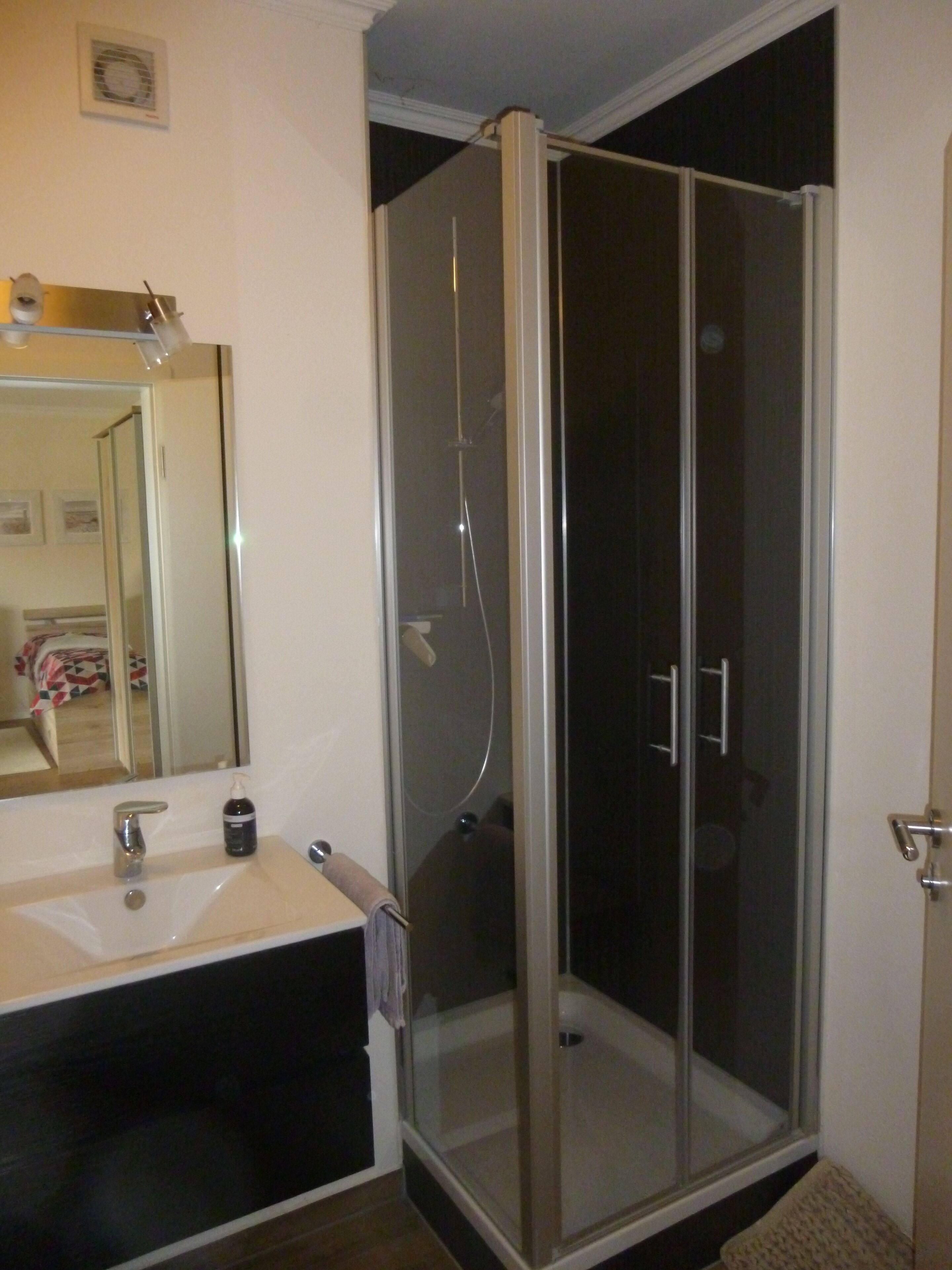 Dusche, Haartrockner, Handtücher, Toilettenpapier