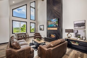 Smart TV, fireplace, video games, foosball