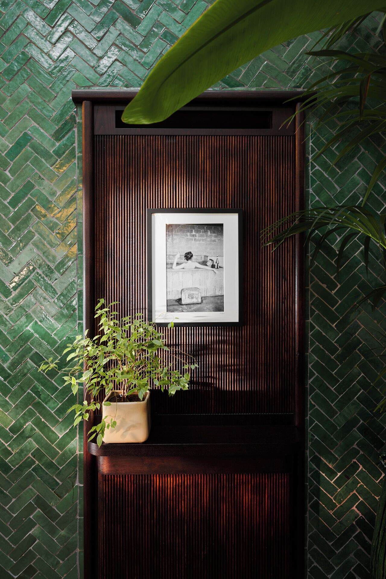 Fotografia em preto e branco emoldurada numa parede de madeira escura com padrão herringbone. Uma planta em vaso está colocada em frente à parede.