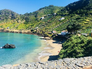 A coastal area with terraced houses, a beach, and a rocky shoreline.