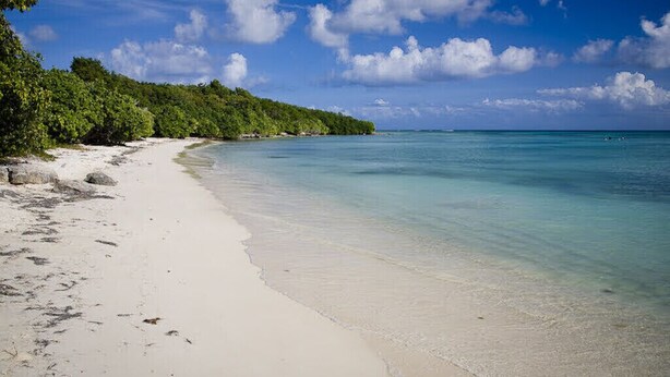 Ein Strand mit klarem türkisblauem Wasser, weißem Sand und einer bewaldeten Hügelkette im Hintergrund.