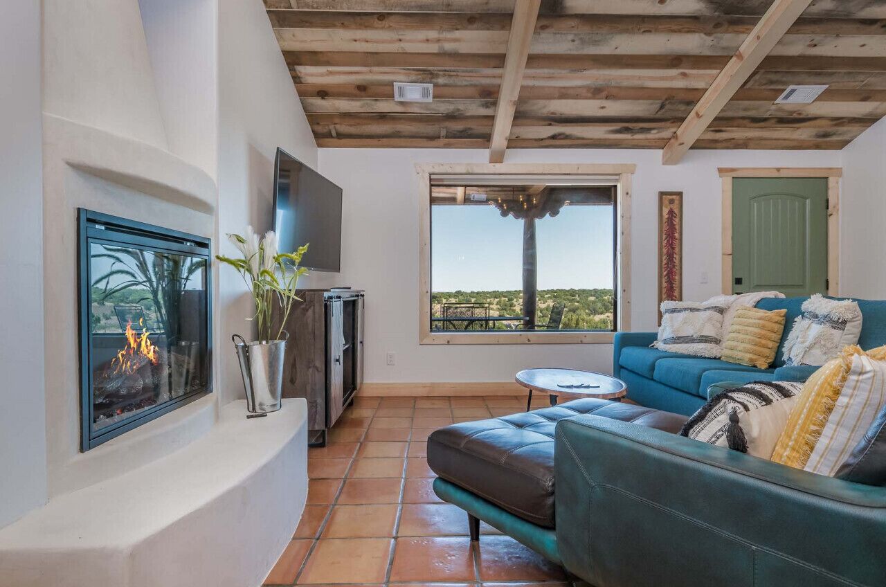 Smart TV, fireplace, books