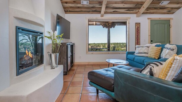 Smart TV, chimenea, libros