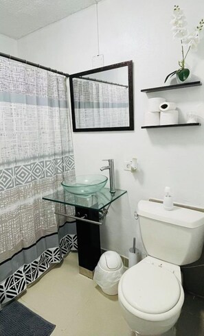 Shower, towels, soap, toilet paper
