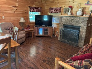 Una Smart TV, una chimenea, un reproductor de DVD, libros