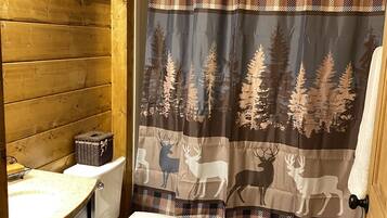 Combined shower/tub, hair dryer, towels, toilet paper