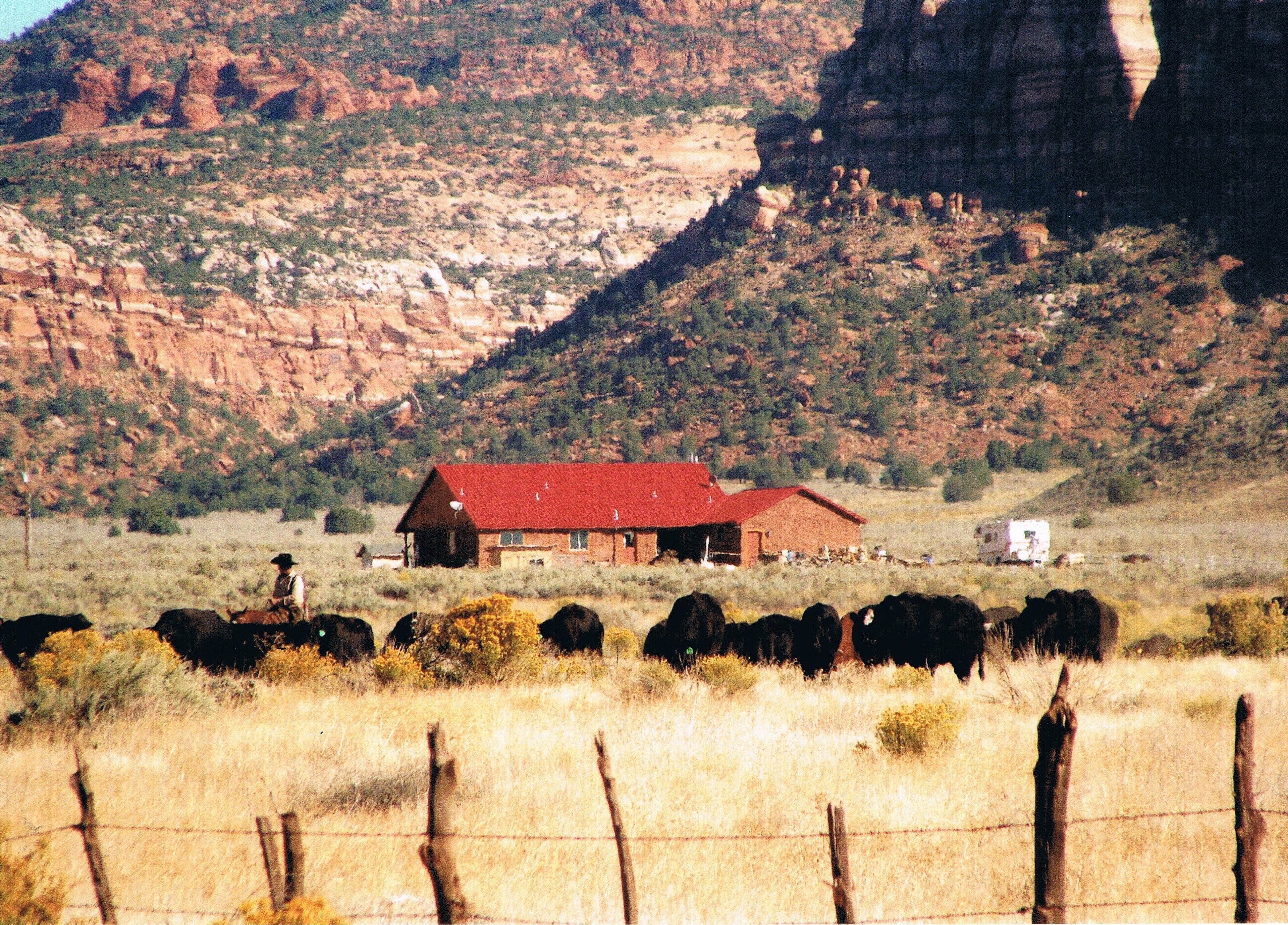 A ranch with a red barn and a white trailer in a dry grass field with a mountain in the background.