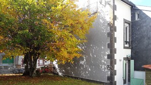 A building with a white facade and a tree with yellow leaves in front. - Beautiful ground-floor apartment rated 3 keys by Clévacances. Private, enclosed garden. (Mont-Dore)