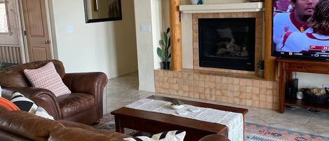 Smart TV, fireplace, video games, DVD player