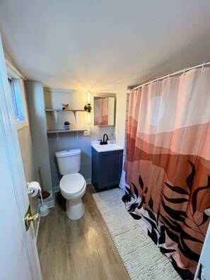 A compact bathroom with a toilet, sink, and shower curtain. - Cozy 3Bed Home w/ Firepit By Zoo, Downtown & I/80❤ (Omaha)