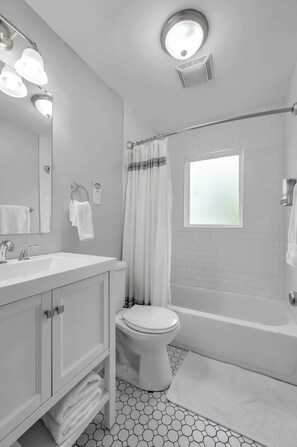 Bathtub, hair dryer, towels, shampoo