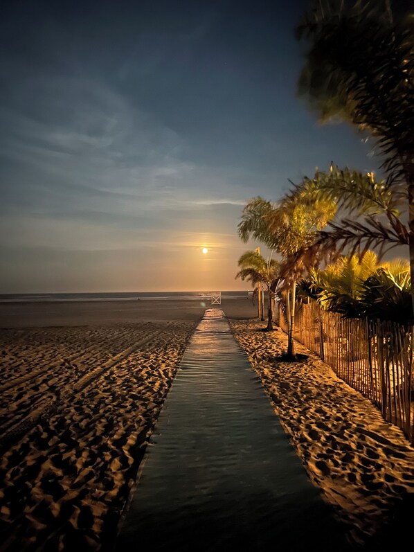 On the beach, sun-loungers