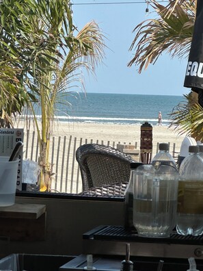 On the beach, sun loungers