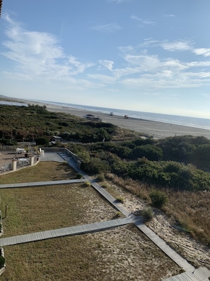 A coastal landscape with a beach, a wooden boardwalk, and a grassy area with some vegetation.