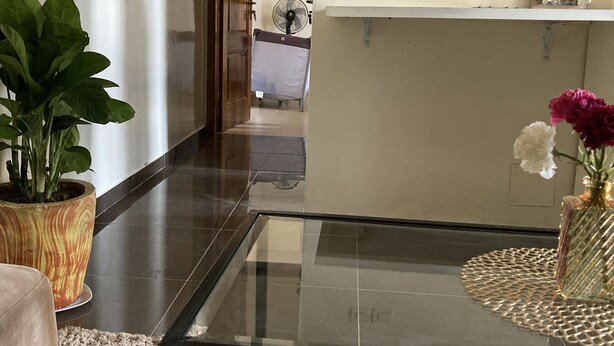 Un couloir avec une table à plateau de verre, une plante en pot et un vase rempli de fleurs.