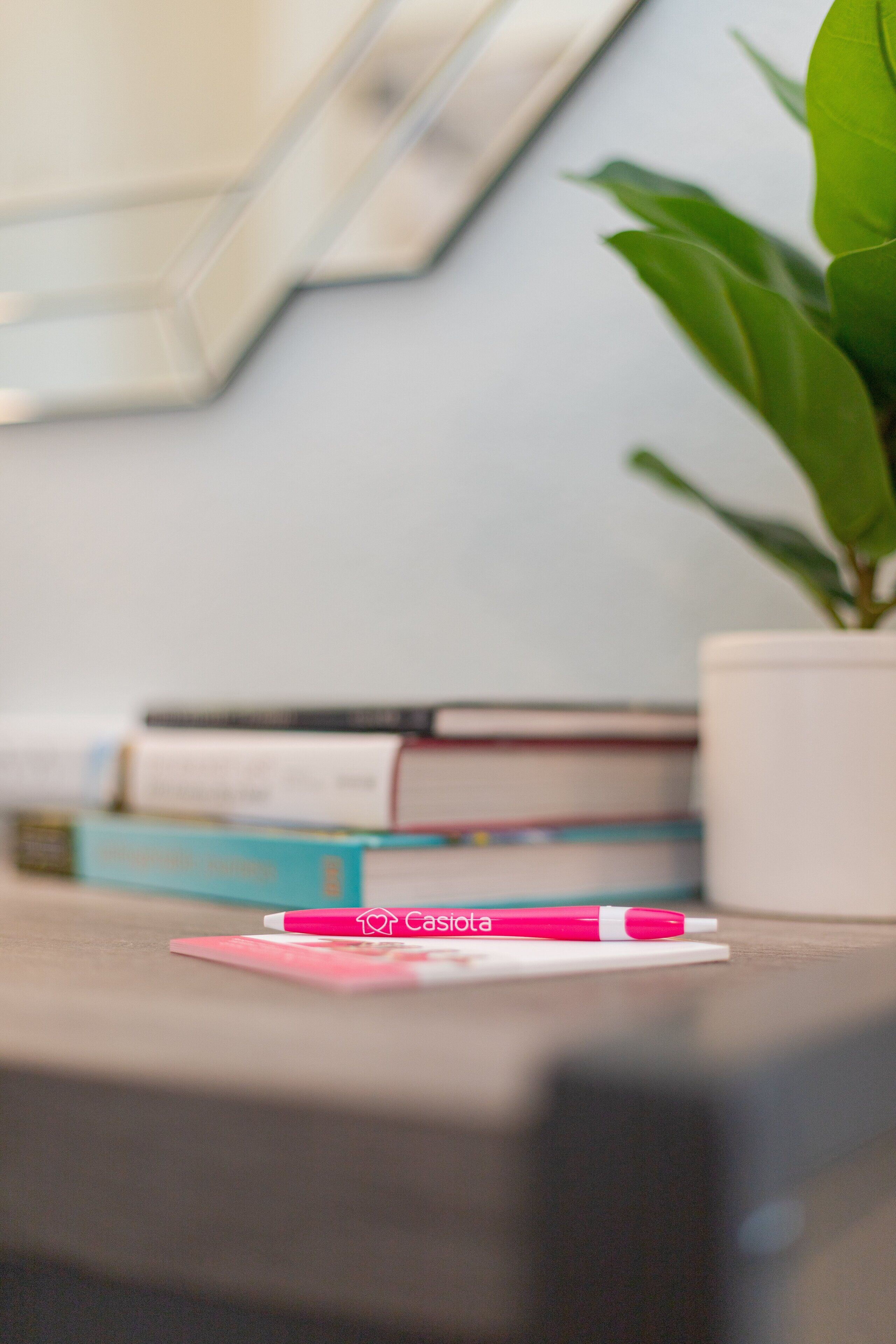 Un bureau avec un stylo rose, une plante en pot et une pile de livres.