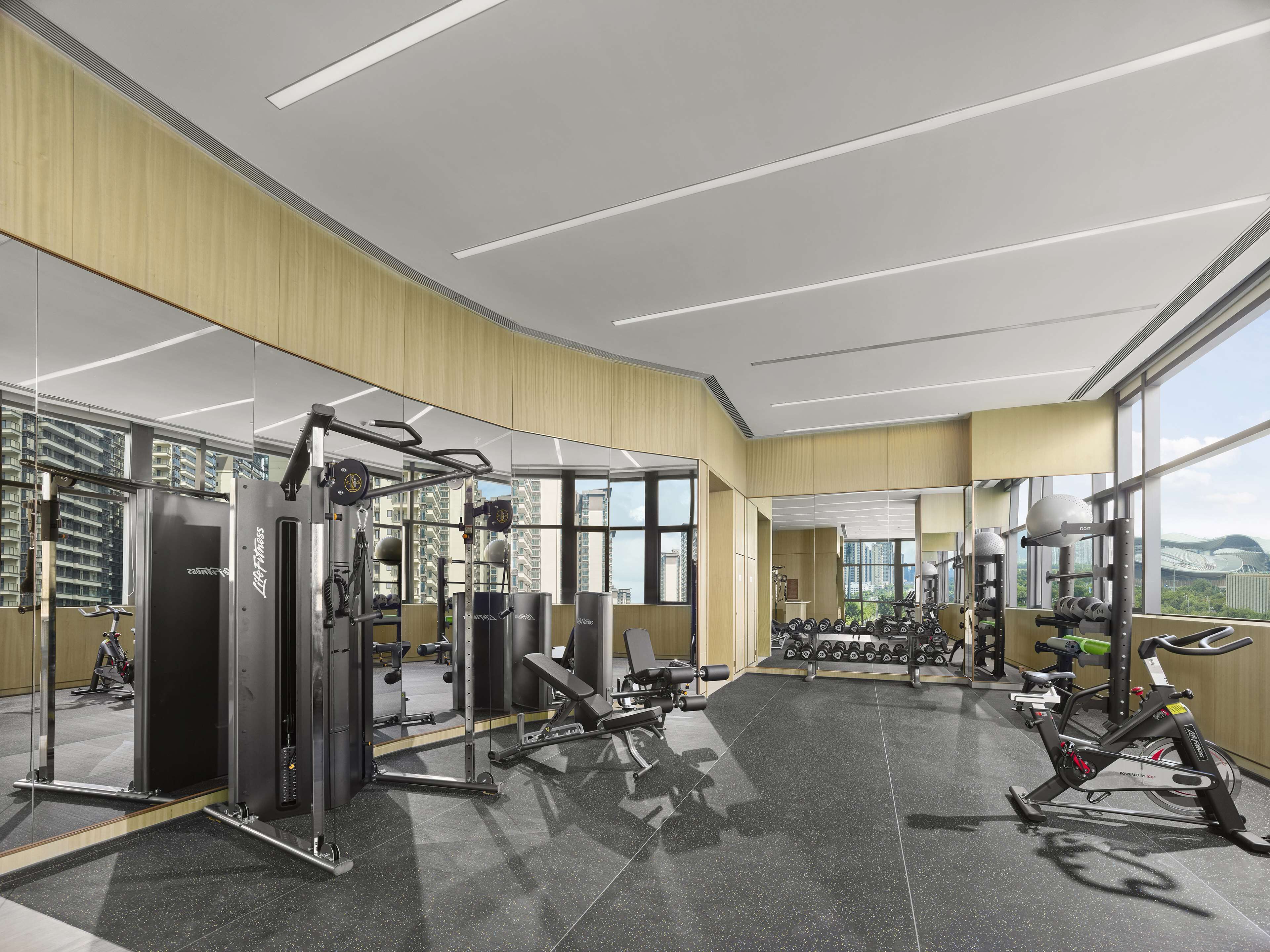 A modern gym with various exercise equipment, large windows, and a high ceiling.