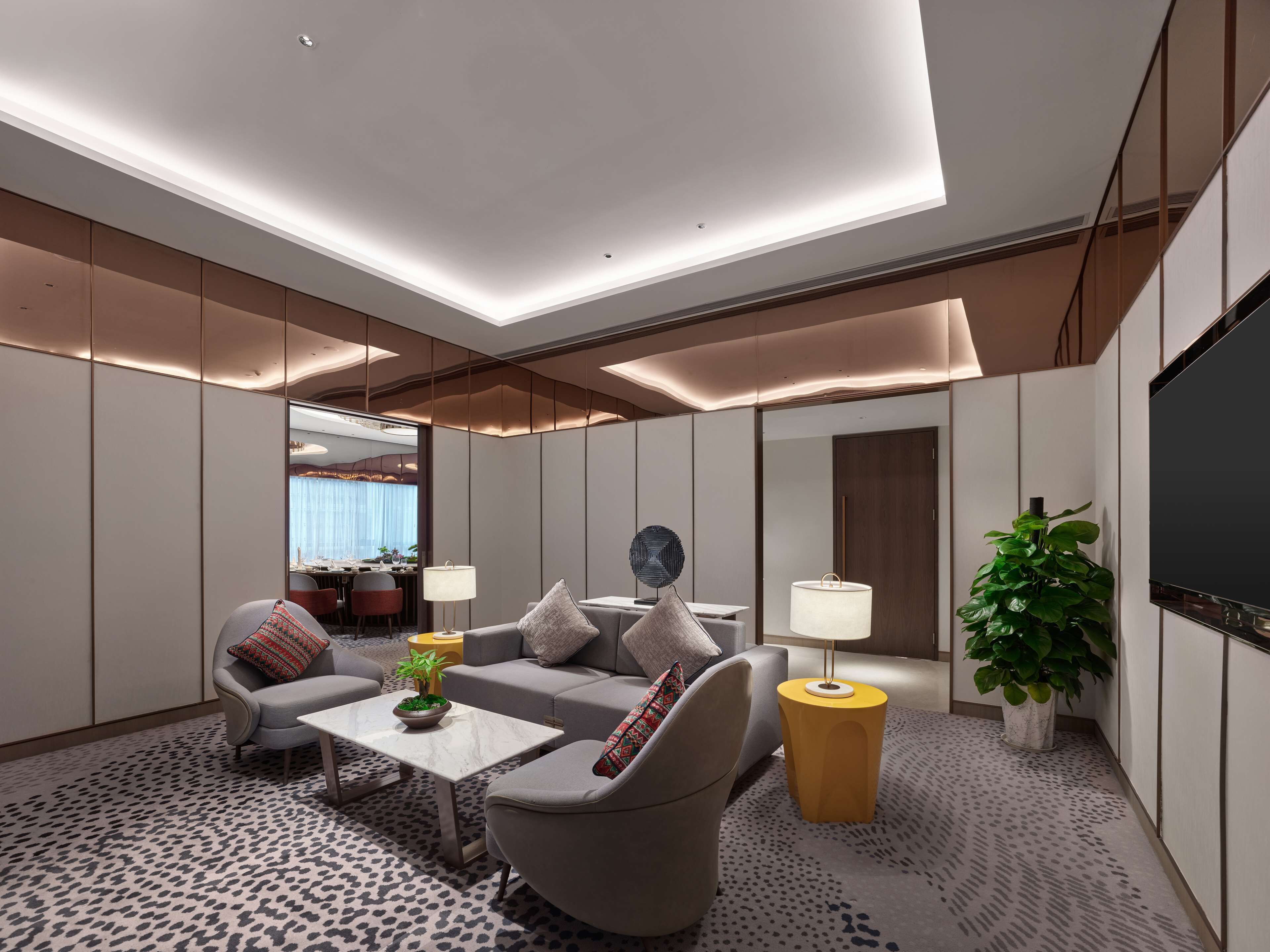 A modern living room with a sofa, armchairs, a coffee table, and a TV. There are plants and lamps, and the room has a patterned carpet.