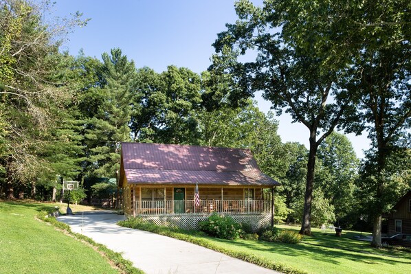 Surrounded by lush greenery, this cabin features a cozy porch and a pathway leading to the entrance.