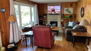 Smart TV, fireplace, DVD player, books