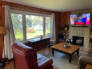 Smart TV, fireplace, DVD player, books