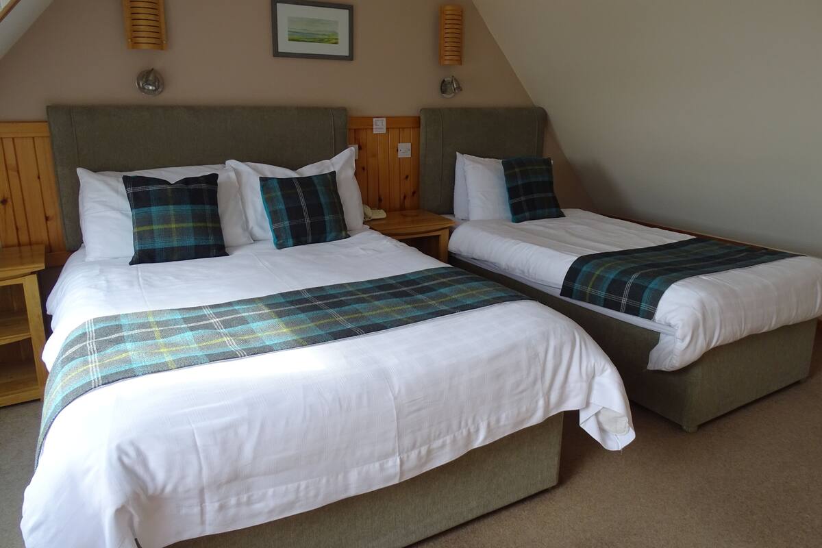 Two twin beds with white linens and plaid blankets, wooden headboards, and a framed picture on the wall.