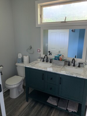 Combined shower/bathtub, towels, soap, toilet paper