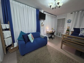1 bedroom, desk, iron/ironing board, travel cot