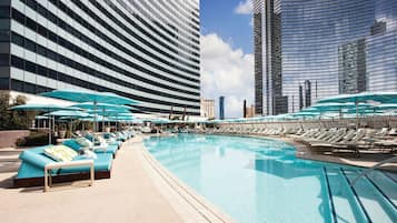 Outdoor pool, pool umbrellas, pool loungers