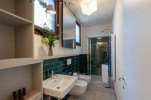 Shower, hair dryer, bidet, towels