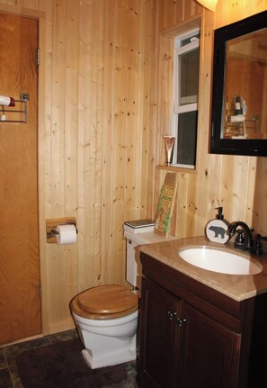 Combined shower/bathtub, hair dryer, towels, soap - Sequoia Forest Cabin—Lake & River—Ski, Raft, Hike, Bike and More (Wofford Heights)
