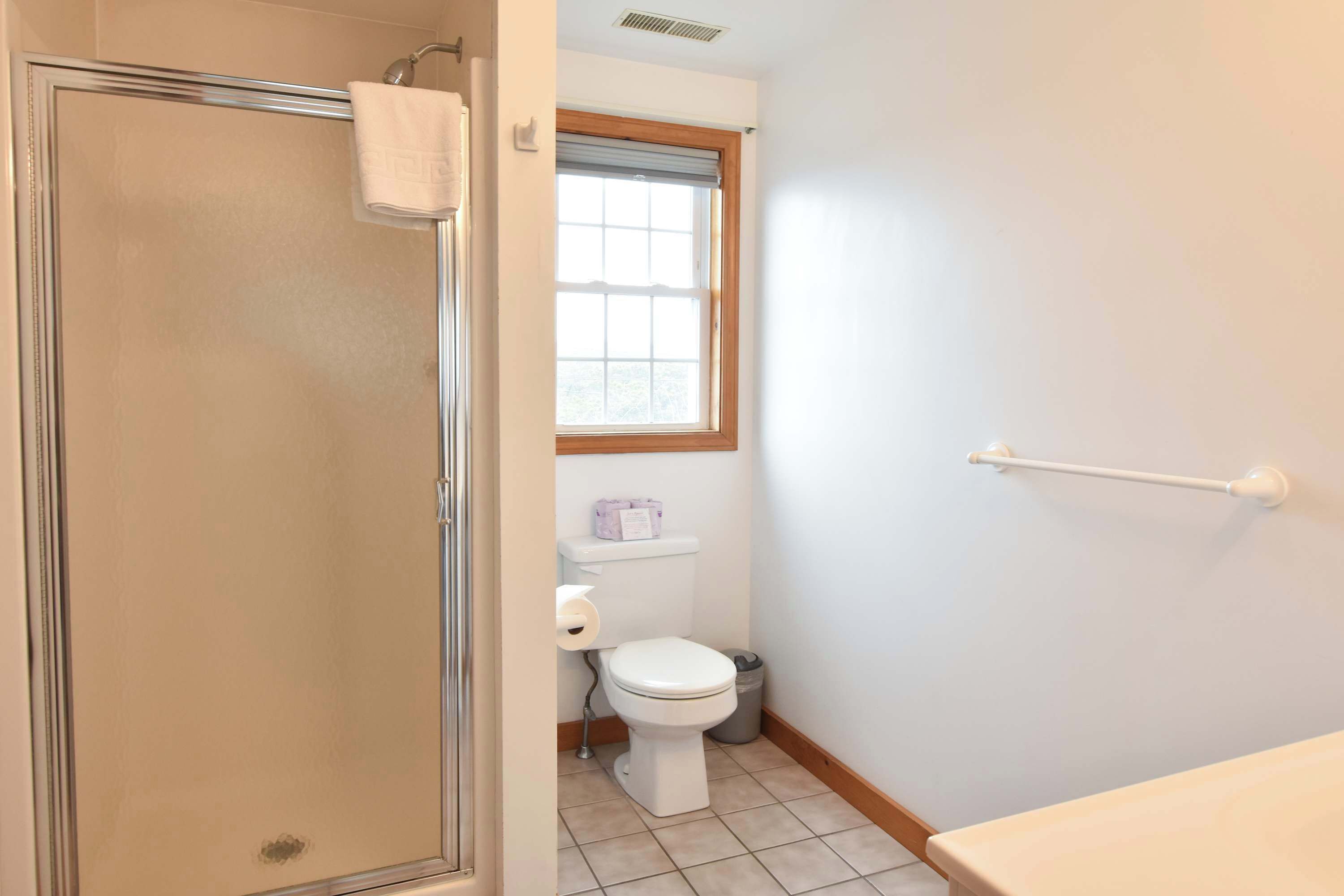 Een badkamer met douche, toilet en raam.