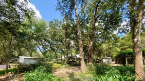 A campsite with several cabins, surrounded by dense greenery and trees. - Quaint 4 Bedroom Farmhouse near Round Top, New Ulm (Cat Spring)