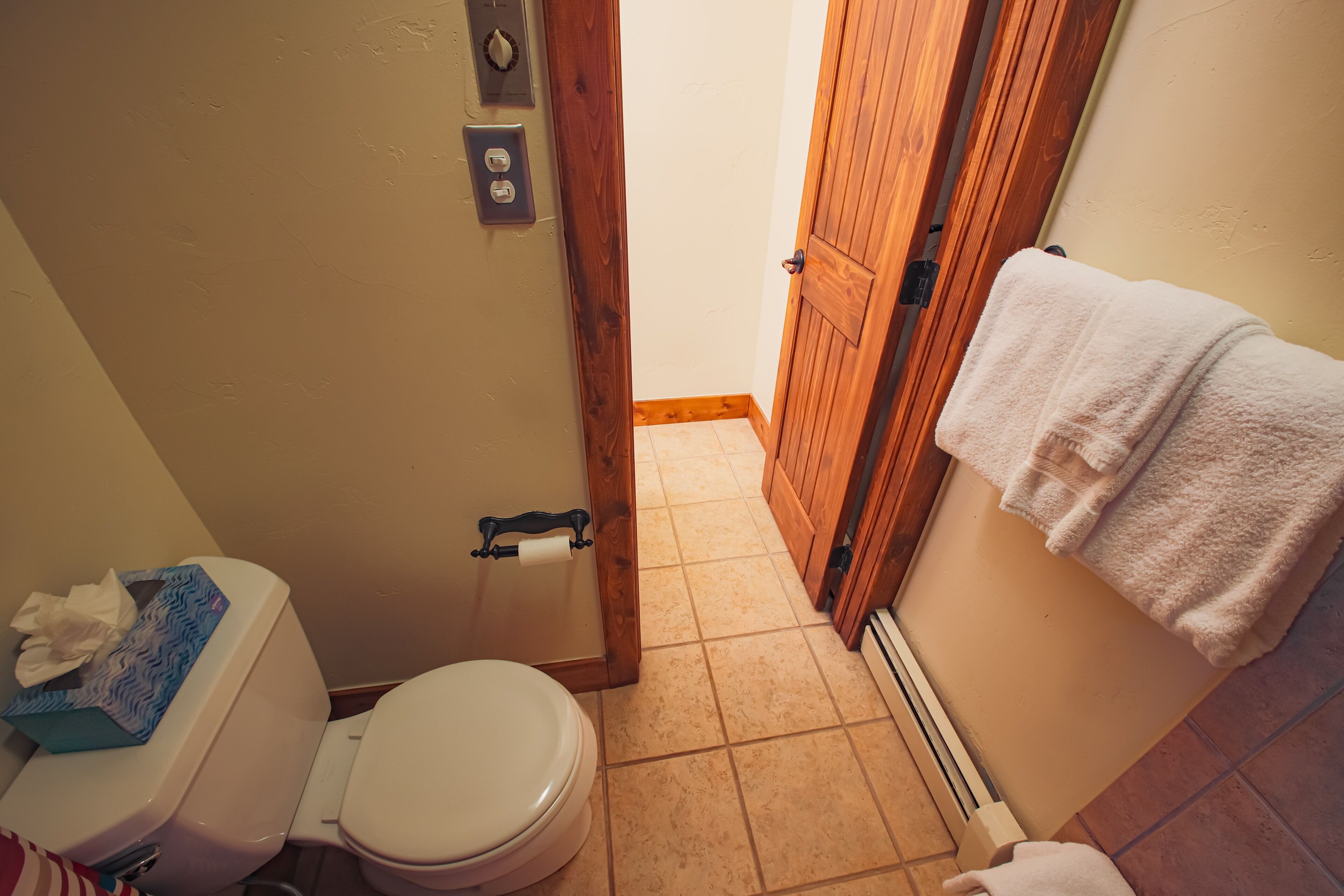 A bathroom with a toilet, a towel rack, and a wooden door.