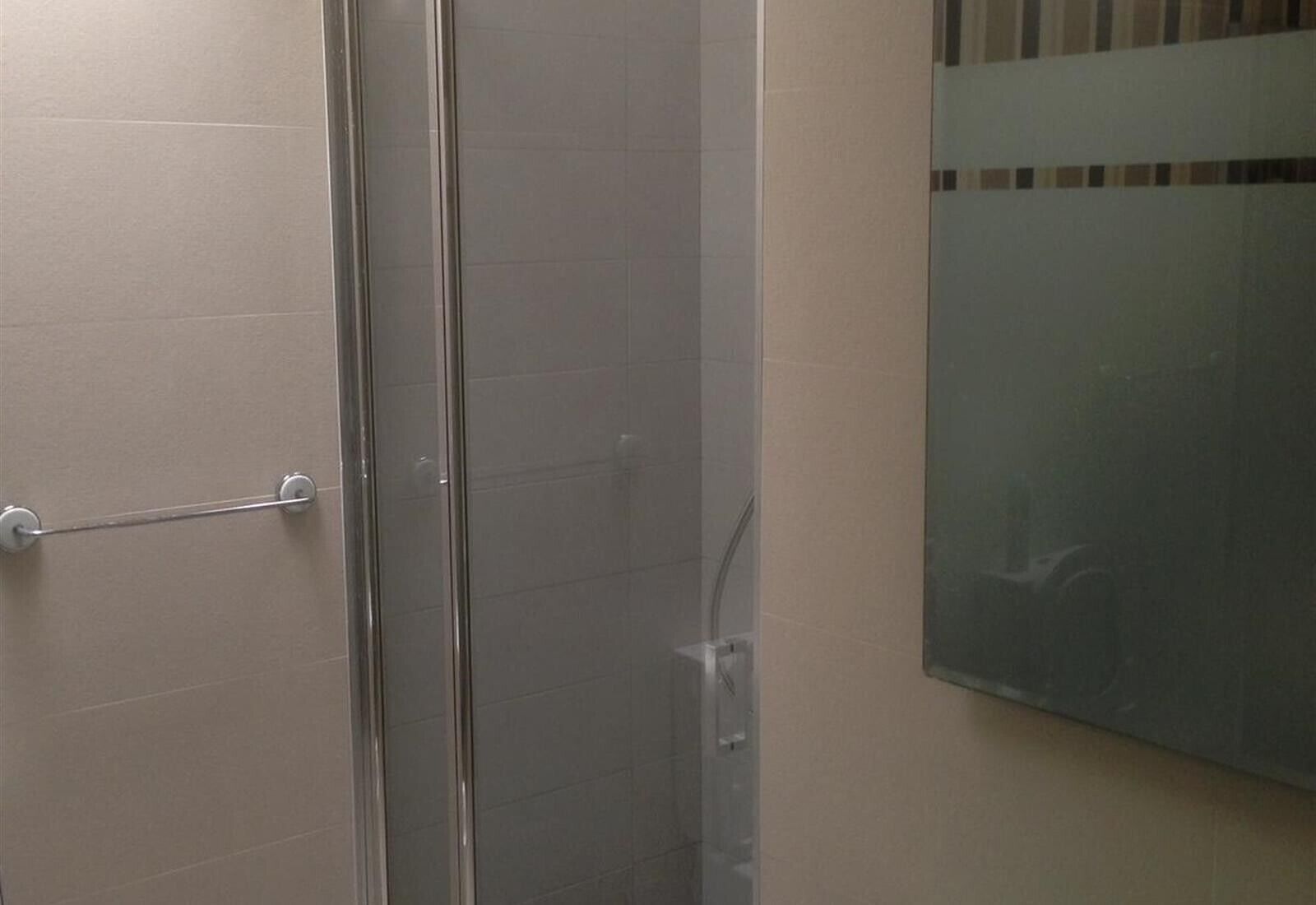 Une salle de bain avec une porte de douche en verre, un porte-serviettes et un miroir.