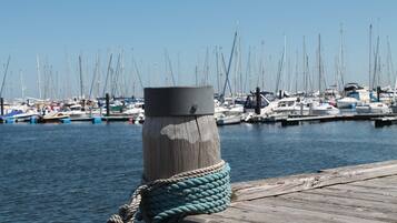 Ein Holzsteg mit einem an einem Pfahl befestigten Seil, eine Marina mit mehreren Booten und ruhigem Wasser.