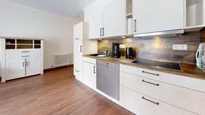 Fridge, microwave, dishwasher, coffee/tea maker