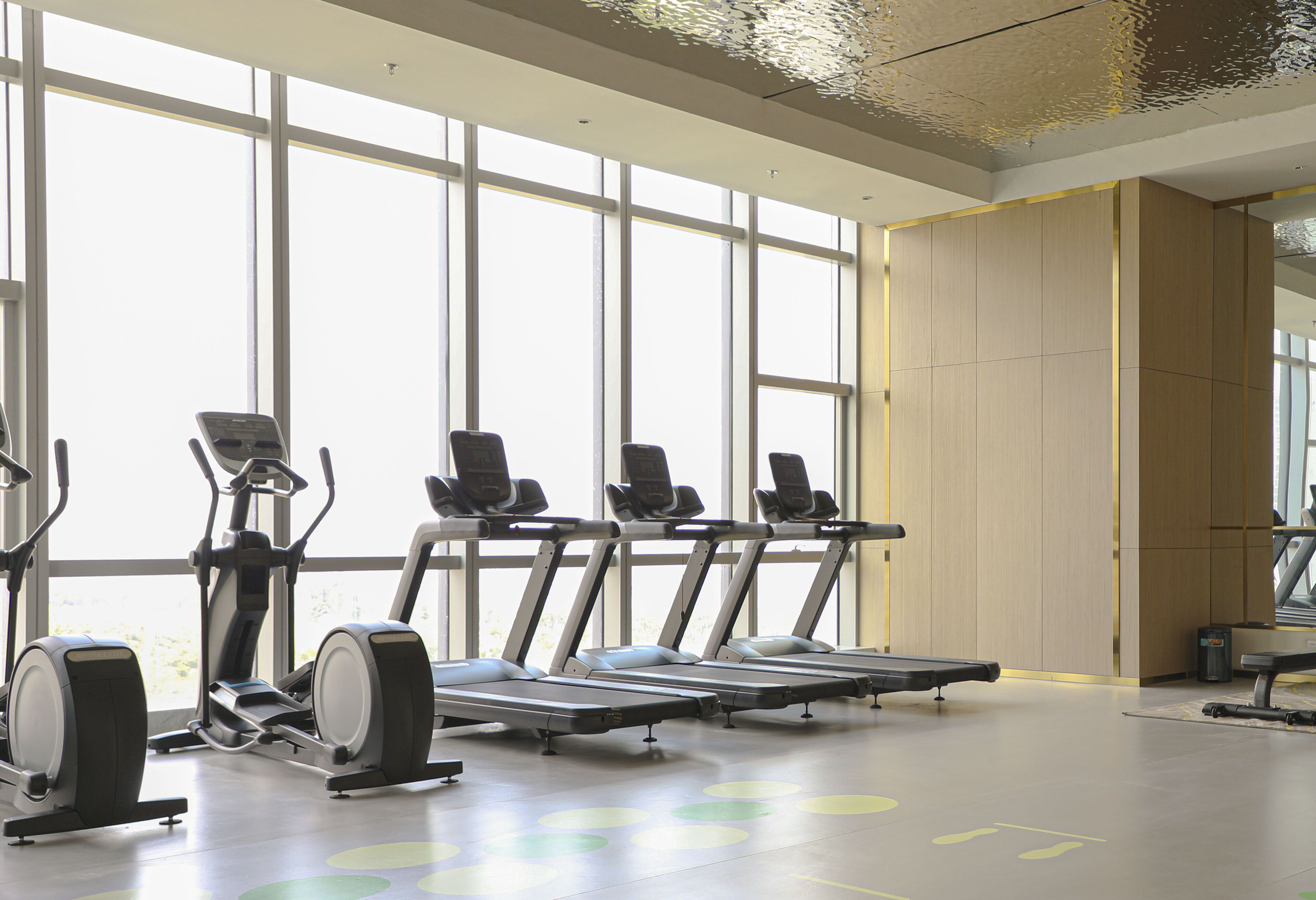 A gym with treadmills, elliptical machines, and a large window providing natural light.