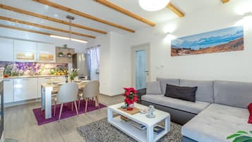 Family House, 2 Bedrooms, Fireplace, Mountainside (Holiday Home Kastav) | Living area | 21-inch flat-screen TV with digital channels, TV, fireplace