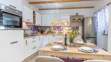 Family House, 2 Bedrooms, Fireplace, Mountainside (Holiday Home Kastav) | Private kitchen | Fridge, oven, stovetop, dishwasher