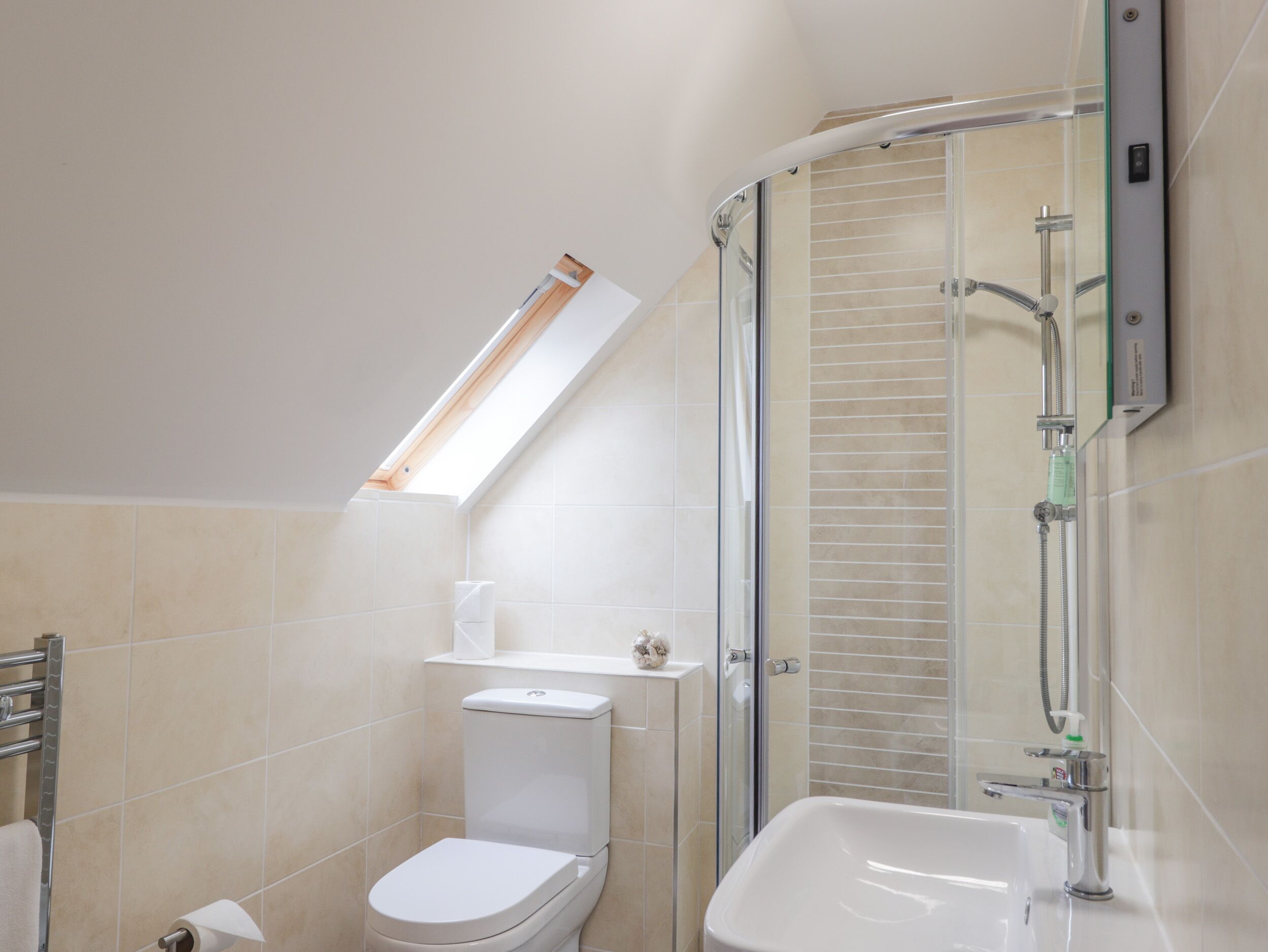 A modern bathroom with a skylight, a toilet, a shower, and a sink.