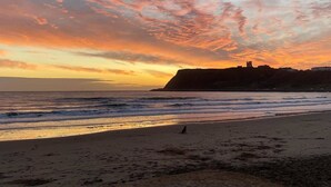 A beach with waves, a dog, and a distant building on a hill. - Bay View - Amazing Location ,dog friendly, 10 mins to the beach and town. (Scarborough)