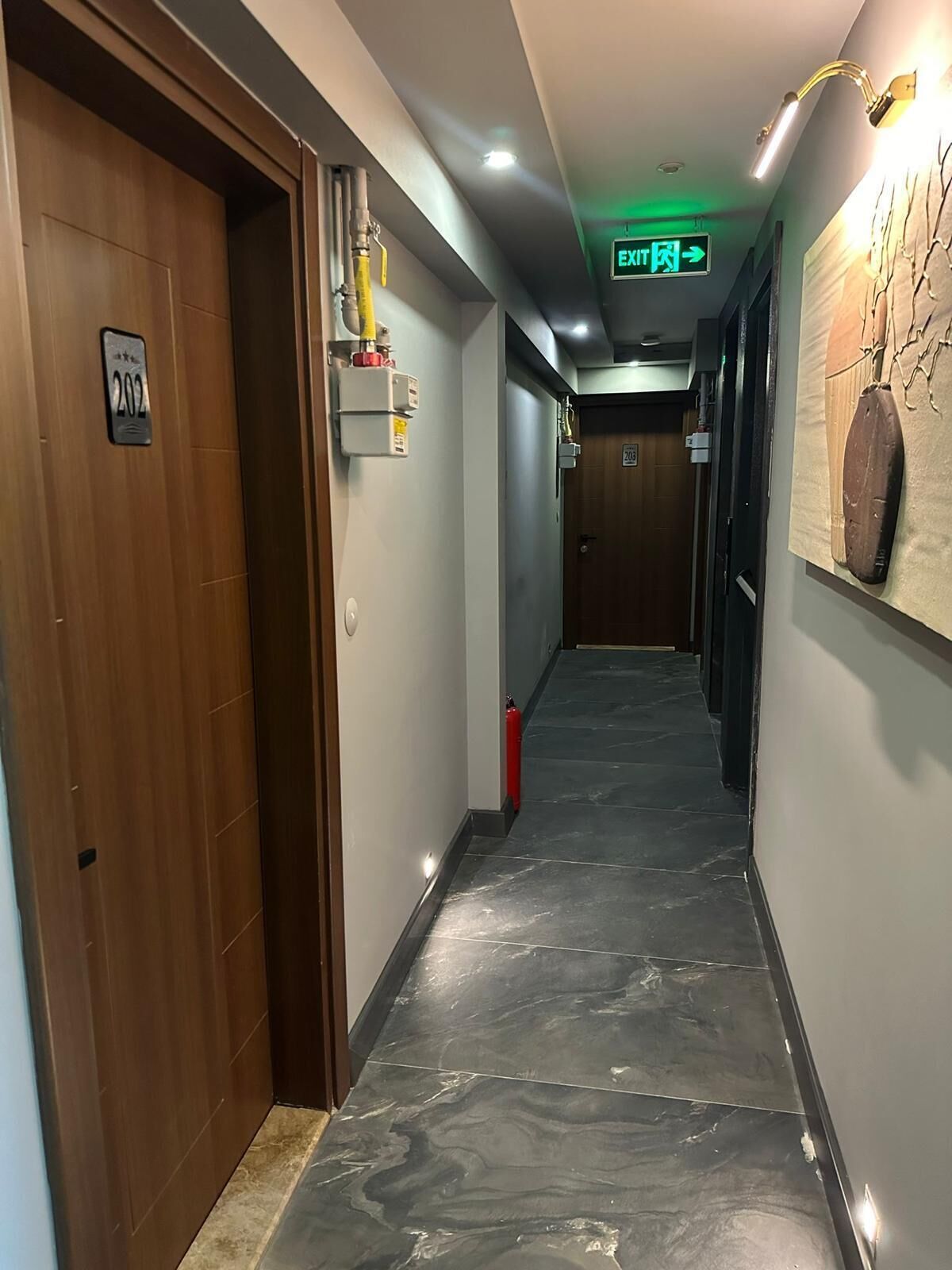 A hallway with a wooden door labeled "202," a fire extinguisher, and an exit sign.