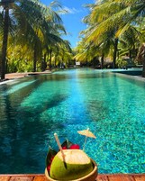 室外游泳池，池畔遮阳伞，日光浴躺椅