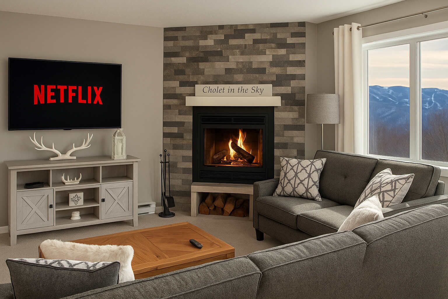 Télévision, cheminée, lecteur de DVD, espaces bureaux