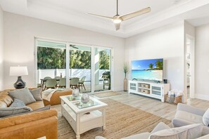 Smart TV, music library, video library, stereo