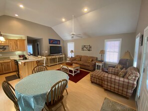 Smart TV, fireplace, video games, DVD player