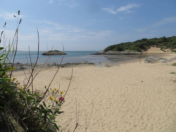 Uma praia de areia clara, com céu límpido e águas calmas.