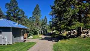 A gravel path leading to a building with a blue roof, surrounded by trees and a stone wall.