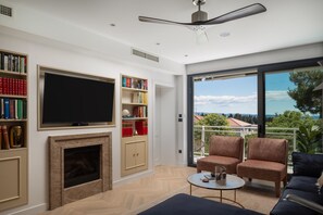 Smart TV, fireplace, video games, books